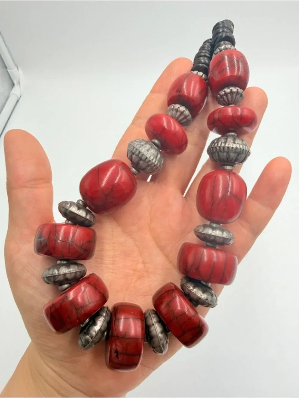 Vintage Red Marbled Statement Necklace with Black Wood & Silver Tone Beads